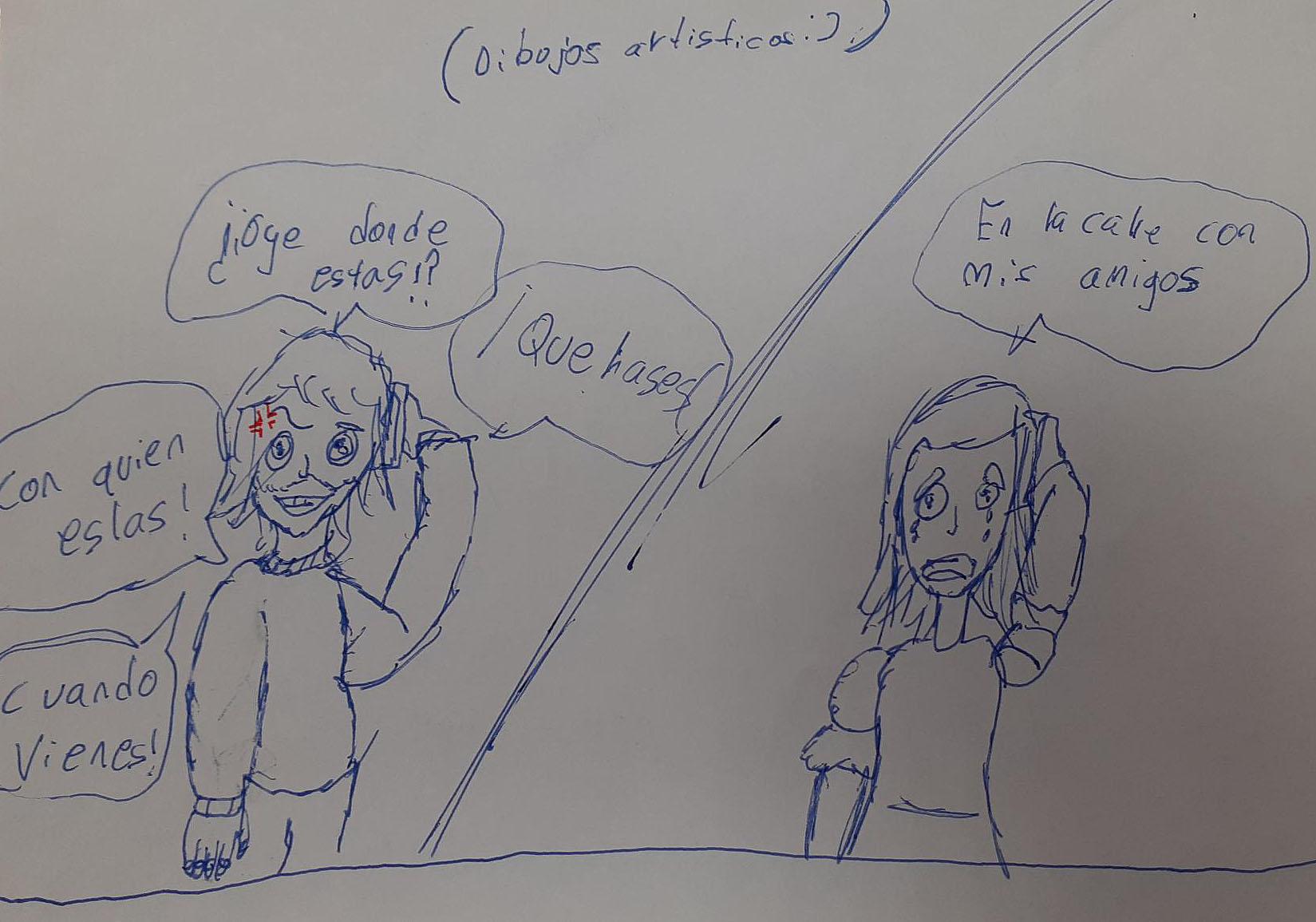 Escena de acoso a través del teléfono dibujada por el alumnado de 5º de primaria